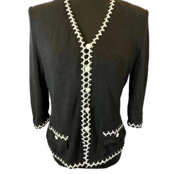 St John Marie Gray Black Knit Cardigan with Contrast Trim - Picture 1 of 5